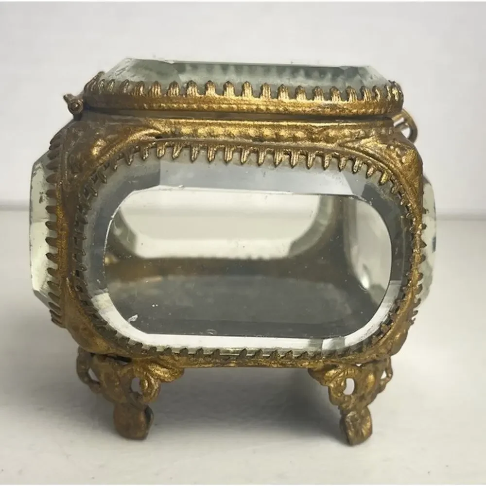 Vintage French Style Ormolu Gold Jewelry Box Casket Beveled Glass Footed Ornate
